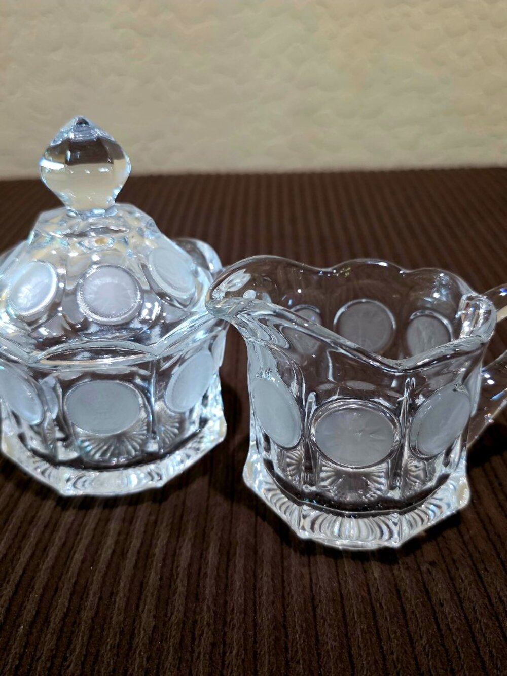 Heavy Quality 1960's Fostoria Coin 1887 Pattern Clear Glass Cream & Lidded Sugar